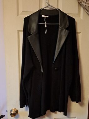 Sioni Black Blazer with Faux Leather Lapel